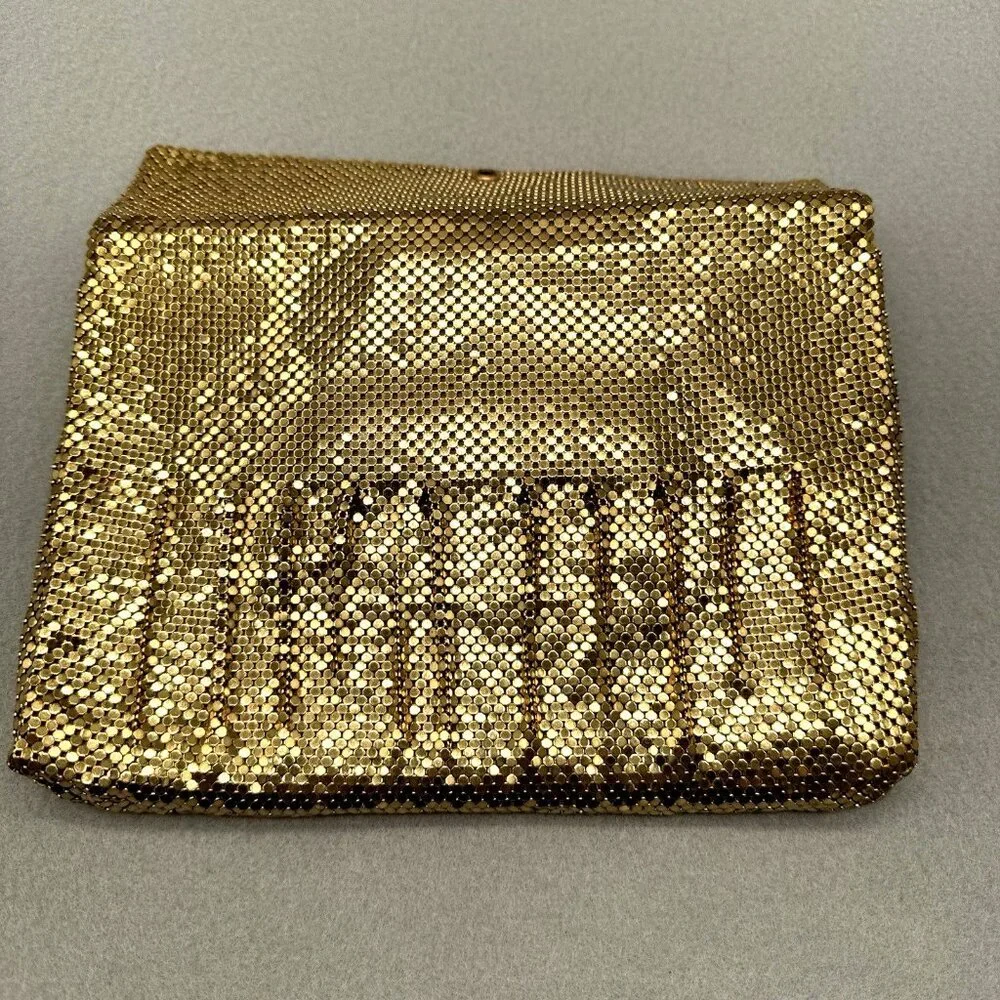 Mesh Purse Clutch Bag Gold Tone Art Deco Rhinestone Clip Vtg Whiting and Davis - Picture 8 of 14